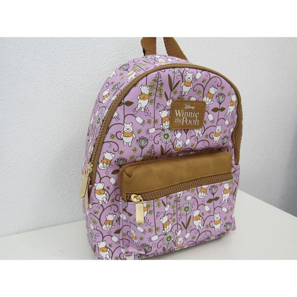 NWT Bioworld Winnie the Pooh Mini Back Pack Purple Floral Brown Suede NEW - Picture 2 of 3